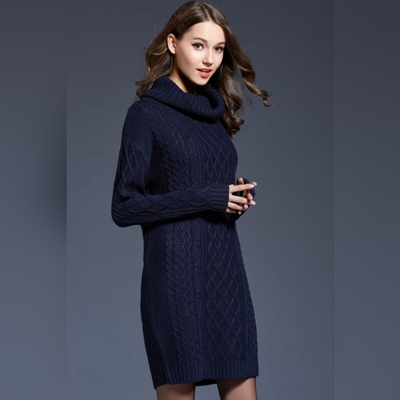 Woven Right Navy Full Size Mixed Knit Cowl Neck Dropped Shoulder Sweater Dress - Picture 3 of 3